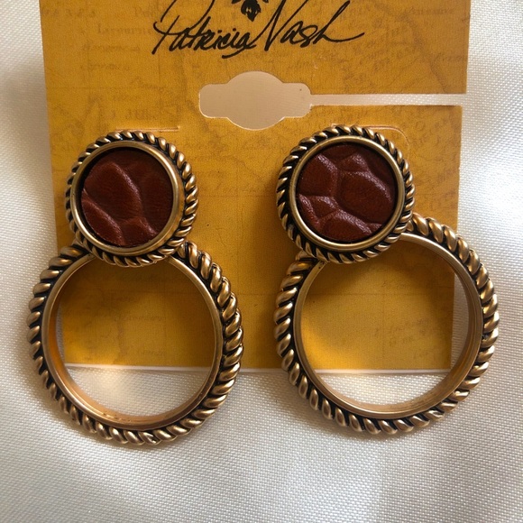 Patricia Nash Bellissa Door Knocker Earrings Leather Inset Rope Edge RUSGLD NWT - Picture 4 of 12